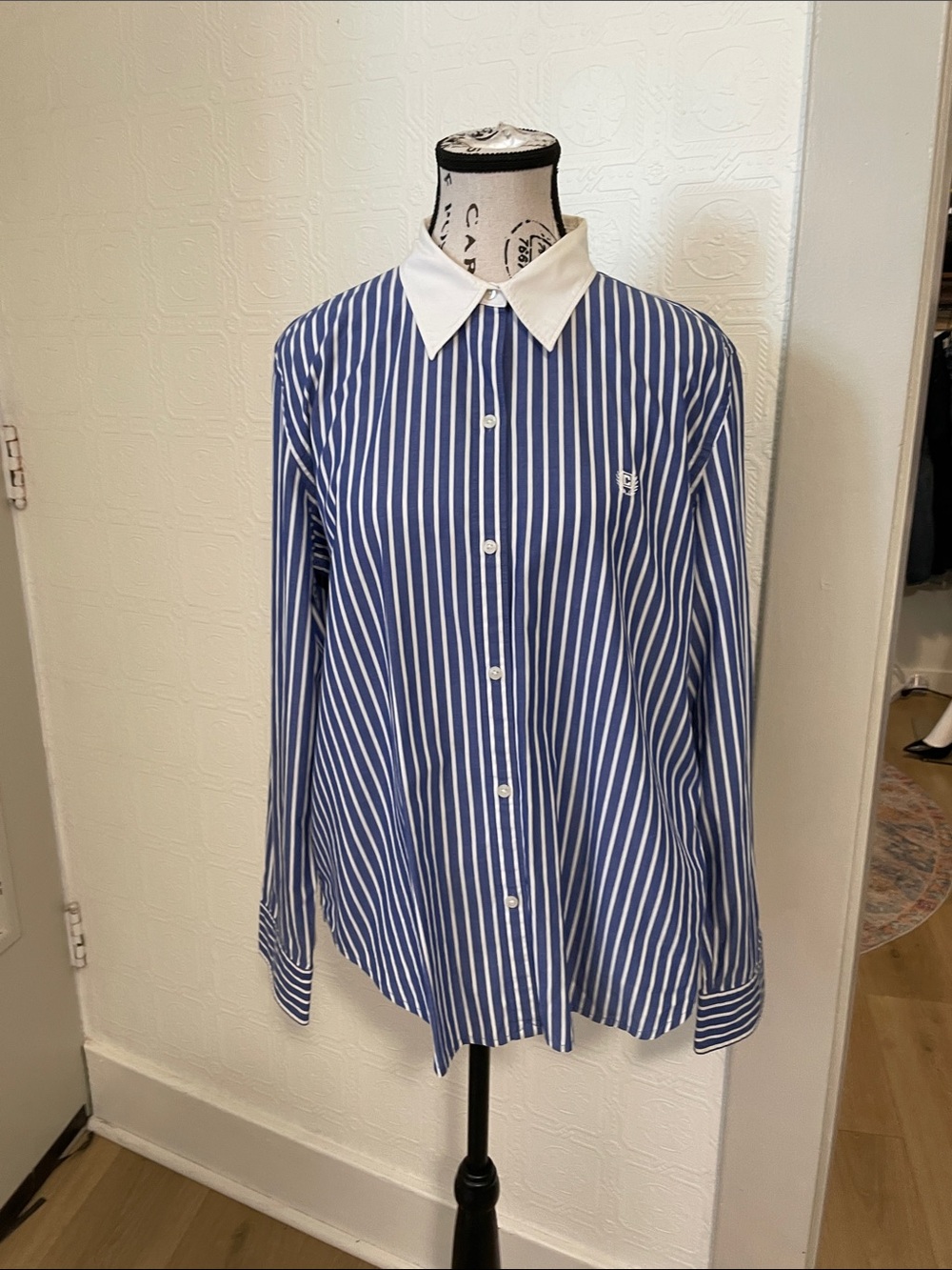 Chaps Blue and White Striped Dress Shirt with White Collar